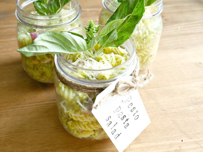 personalized mason jars with pesto pasta salad